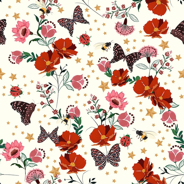 Retro florece flores con estrellas vintage de patrones sin fisuras