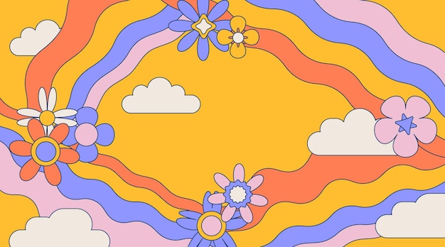 Retro fondo groovy con nubes flores de margarita y arco iris ondulado marco colores brillantes vintage lindo