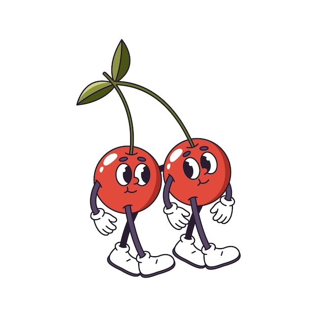 Retro frutos de cereza personajes caminando