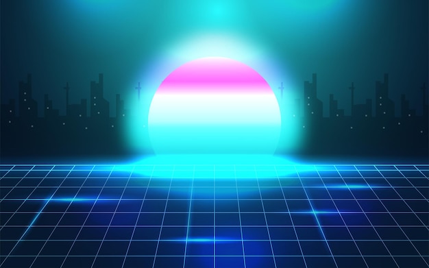 Retro futurista de los años 80 gradiente azul neón red de ondas sintéticas geométricas silueta paisaje de la ciudad fondo con sol abstracto