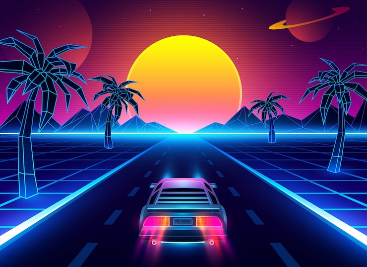Vector retro futurista vista lateral trasera del supercoche de los años 80 en el fondo del atardecer de neón de onda sintética de vapor de moda