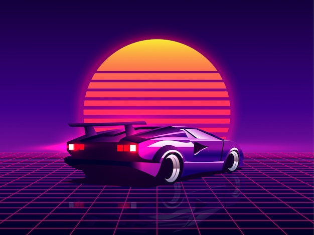 Vector retro futurista vista trasera superdeportivo de los 80 en el moderno atardecer de synthwave / vaporwave / cyberpunk. volver al concepto de los 80.