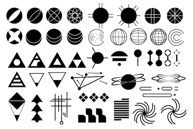 Retro futurista y2k conjunto de elementos en diseño gráfico plano Colección de formas geométricas negras básicas esferas redondas y triángulos con líneas de malla enlaces cuadrículas abstractas otras ilustraciones vectoriales