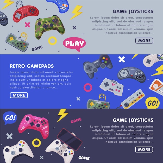 Retro Gamepads Web Banners Set Juego Joystick Páginas de aterrizaje plantillas Diseño Ilustración vectorial