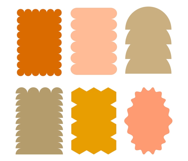 Vector retro groovy y boho formas geométricas 5x7 marcos vectoriales con líneas onduladas en el borde