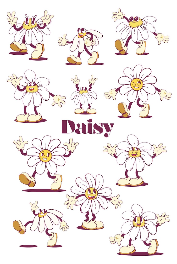 Vector retro groovy flores de margarita personajes de la mascota