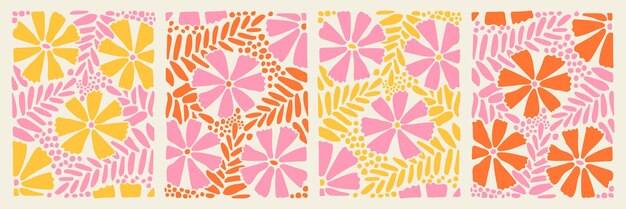Retro Groovy Flower Background Set Abstracto Patrón de la naturaleza en el estilo de moda de los años 70 Boho Colorido