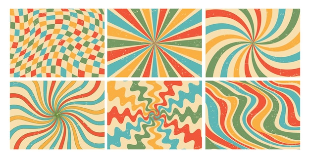 Retro groovy fondo hipnótico abstracto de los años 70 patrón hipnótico rayos retorcidos coloridos ondas trippy hippy elementos de ajedrez de los años 60 para tarjetas de cartel