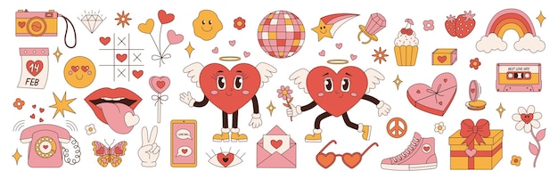 Retro groovy gran conjunto para el Día de San Valentín Hippie pegatina de amor personajes divertidos tendencia de los años 60 70