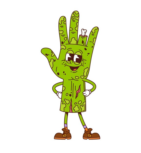 Retro groovy Halloween personaje de mano de zombi verde