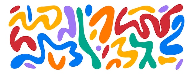 Retro groovy hippie años 60 años 70 años formas abstractas conjunto forma orgánica fluida manchas coloridas rayas onduladas garabateadas inscritas líneas dibujadas a mano en negrita puntos