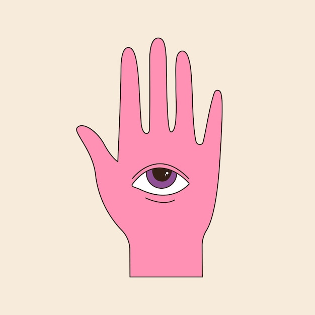 Retro groovy mano con un ojo 60s y 70s vibes psicodélico vector clipart