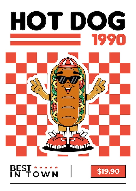 Retro groovy personaje de dibujos animados póster de comida rápida mascota vintage perrito caliente con sonrisa psicodélica y emoción Ilustración vectorial funky