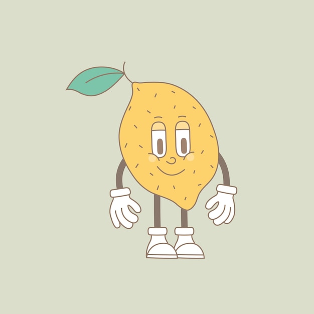 Vector retro groovy personajes de dibujos animados de frutas moderna linda mascota cómica de limón