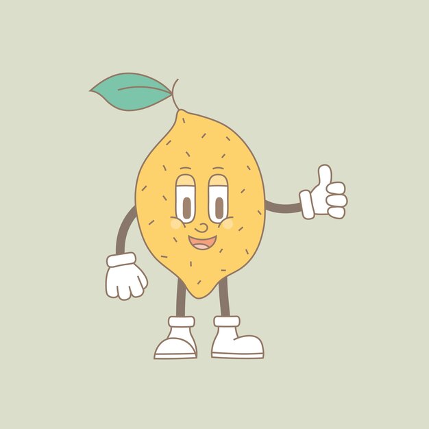 Vector retro groovy personajes de dibujos animados de frutas moderna linda mascota cómica de limón