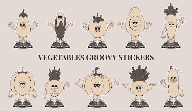 Retro groovy personajes de dibujos animados verduras etiquetas psicodélicas sonrisa emoción vector cómico monocromático