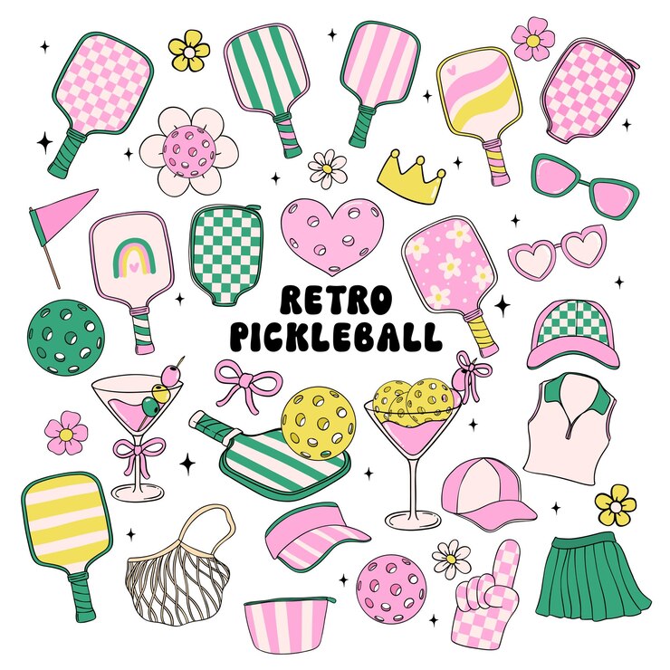 Vector retro groovy pickleball vector colección de moda dibujo de doodle conjunto de elementos rosados y verdes