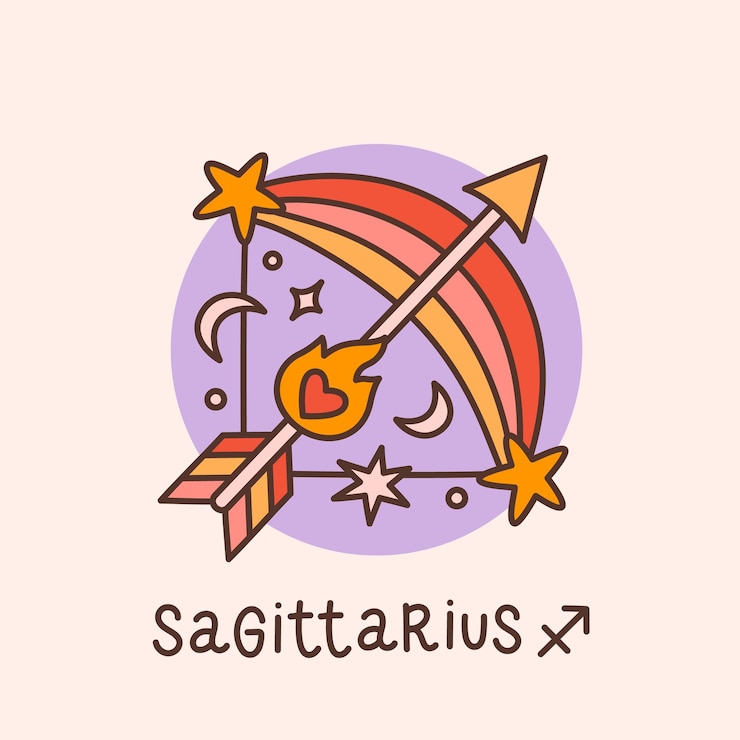 Vector retro groovy sagitario signo del zodiaco arco y flecha astrología símbolo del horóscopo en estilo vintage