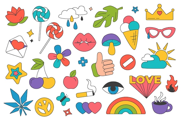 Retro groovy y2k pegatinas conjunto de elementos en diseño gráfico plano paquete de objetos de signos funky con flores piruleta hoja de nube amor beso hongo arco iris y otros ilustración vectorial