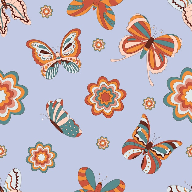 Retro hippie mariposa 60s 70s patrón sin fisuras. Impresión vectorial de verano boho para tela, textil, cubierta