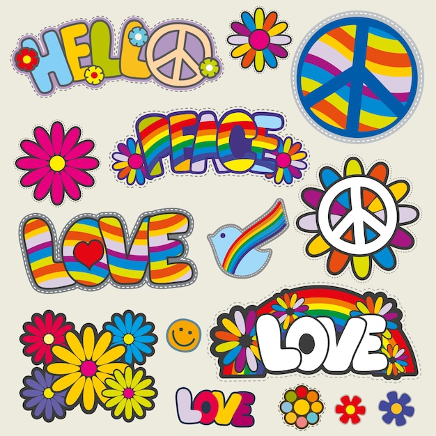 Retro hippie parches vector emblemas