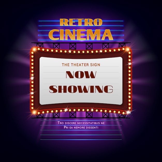 Vector retro hollywood cine 3d brillante luz signo. ejemplo ligero del vector de la cartelera de la exhibición de la película evento de cartelera de cine retro