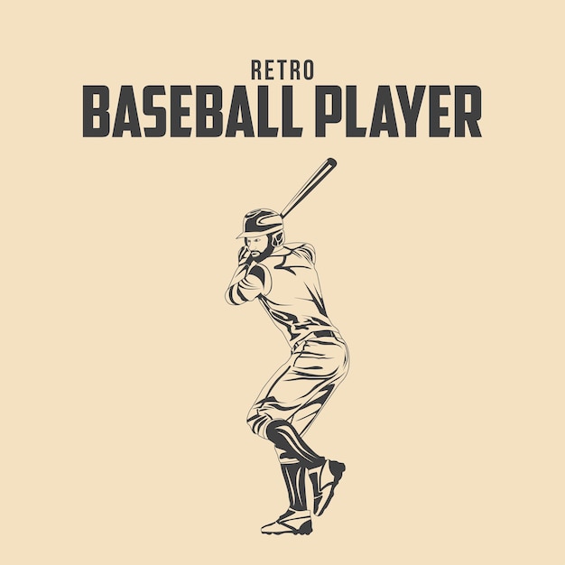 retro, jugador béisbol, vector, ilustración