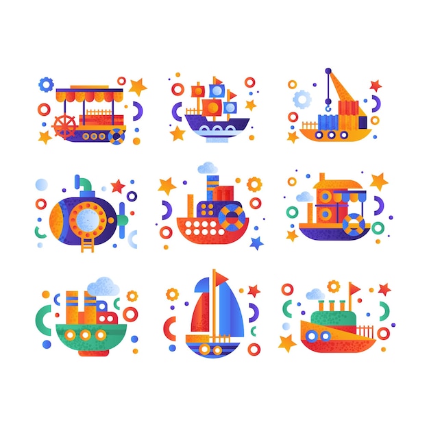 Retro, lindo, agua, transporte, conjunto, barco de vapor, pasajero, crucero, barco, submarino, yate, vector, ilustración