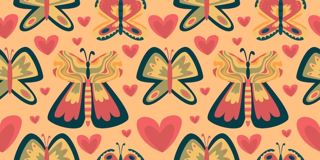 Retro mariposa groovy de patrones sin fisuras boho vector de fondo hippie psicodélico de patrones sin fisuras fondo groovy retro diseño con flor de margarita y corazón