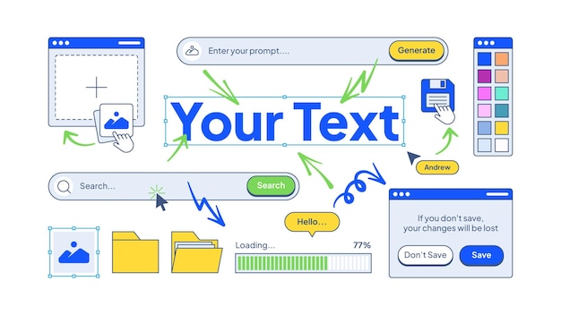 Retro Modern UI Design Elements Set Hand Drawn Arrows Digital Windows Icons Buttons Loading Frames Flat Vector for Web App and Interface Mockups