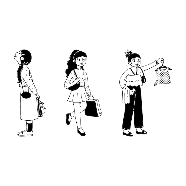 Retro monoline doodle al por menor gente centro comercial 1
