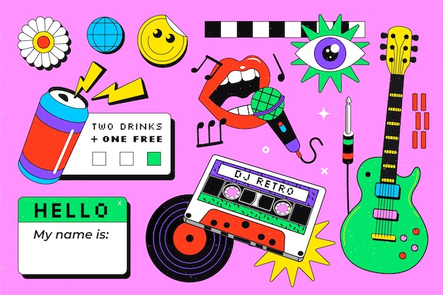 Retro music party elements sticker set