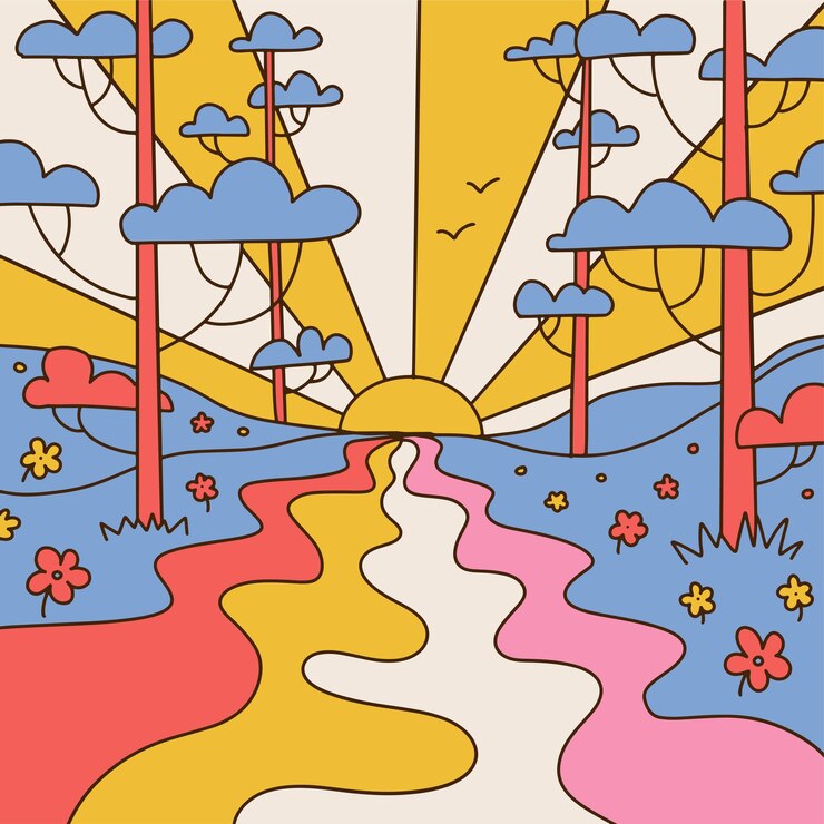 Vector retro paisaje psicodélico vintage hippie fondo con puesta de sol arco iris río grees y flores co