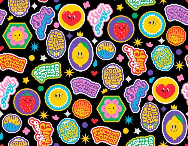 Retro parches y pegatinas de patrones sin fisuras en estilo de dibujos animados plana