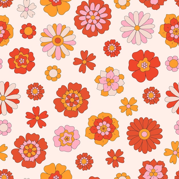 Vector retro de patrones sin fisuras con diferentes flores en estilo hippie