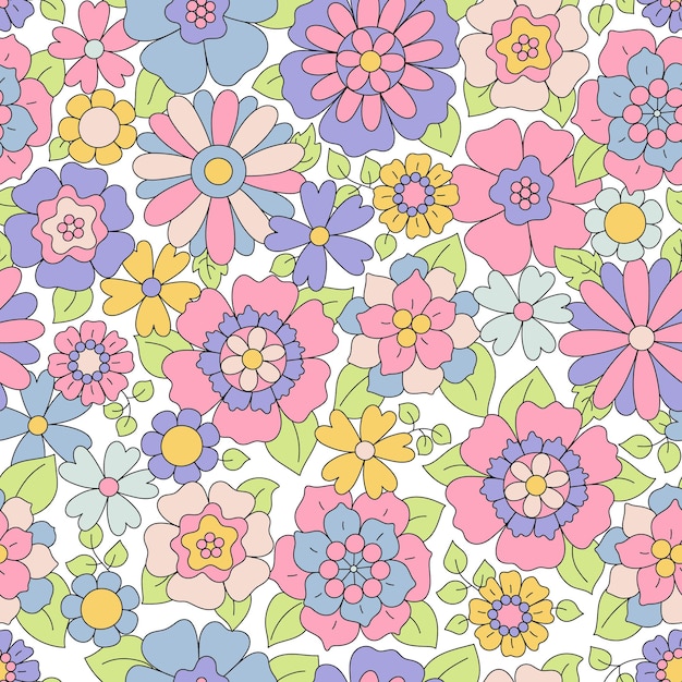 Vector retro de patrones sin fisuras con diferentes flores en estilo vintage