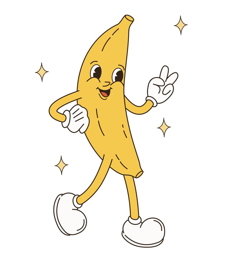 Retro personajes de frutas groovy mascota de dibujos animados funky de manzana pera fresa plátano sandía con