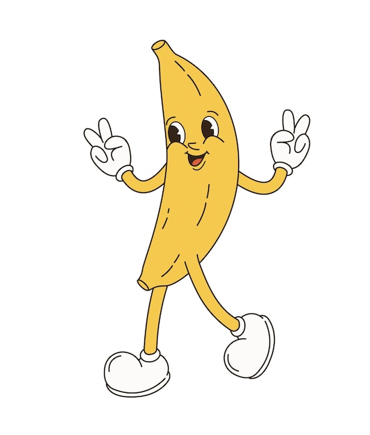 Retro personajes de frutas groovy mascota de dibujos animados funky de manzana pera fresa plátano sandía con