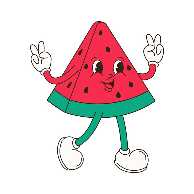 Retro personajes de frutas groovy mascota de dibujos animados funky de manzana pera fresa plátano sandía con