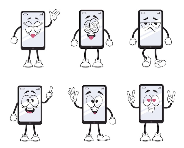 Retro personajes de teléfonos inteligentes de estilo antiguo conjunto aislado ilustración de diseño gráfico plano vectorial