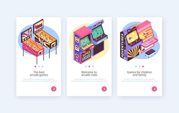 Retro pinball video redemption máquinas de juego de arcade entretenimiento para adultos niños 3 pancartas verticales isométricas set