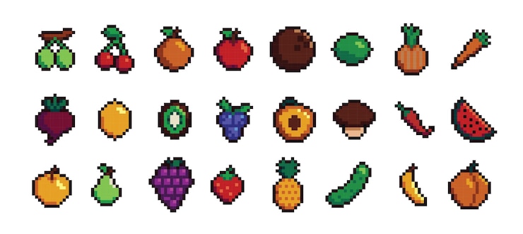 Vector retro pixel art comida íconos aislados con frutas y verduras pixel de 8 bits vintage 8 bits