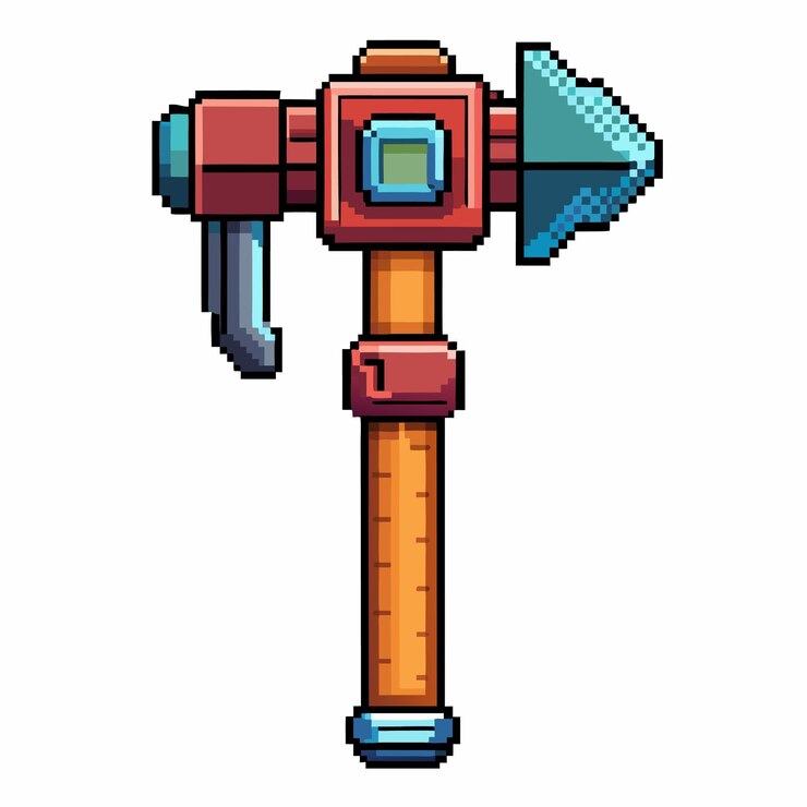 Vector retro pixel art hammer con punta de flecha icónico diseño de herramientas de juego de 8 bits