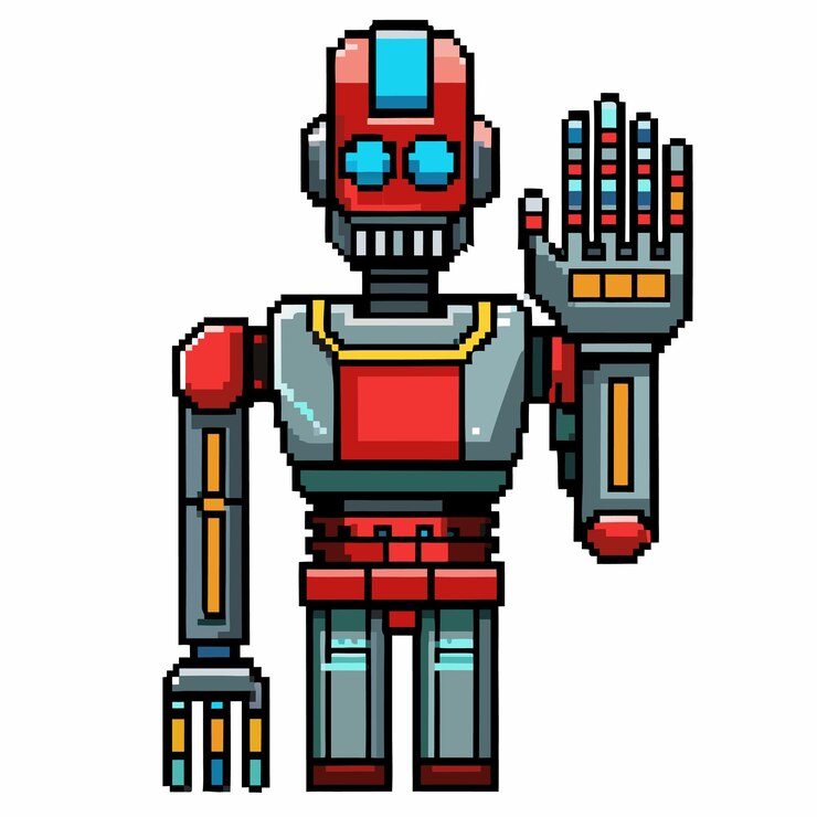 Vector retro pixel art robot saludando en el estilo de la ciencia ficción ilustración