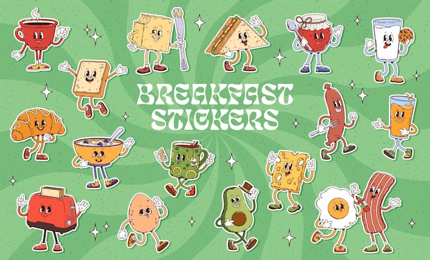 Retro platos de desayuno caracteres pegatinas