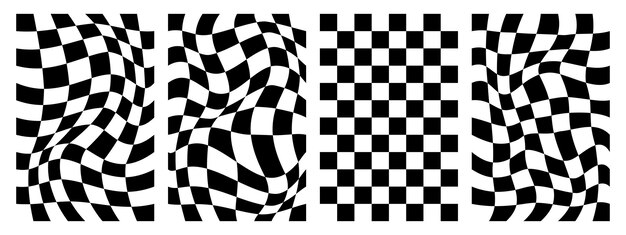 Retro psicodélico negro blanco tablero de ajedrez fondo vectorial conjunto Groovy ondulado y2k impresiones a cuadros
