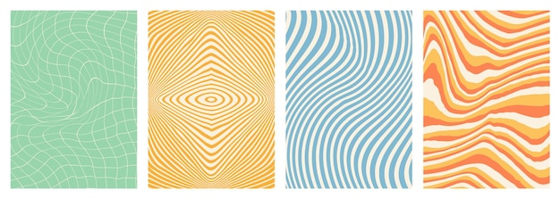 Retro retorcido distorsionado groovy hippie fondo conjunto ondas remolino rayas rayas remolino estilo psicodélico