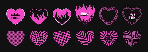 Retro símbolos de corazón rosado pegatinas decorativos elementos románticos en Y2K tecno estética con llama