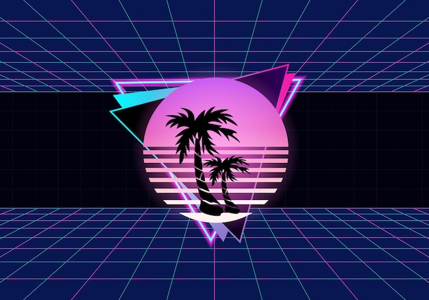 Retro con sol rosa y cocoteros.