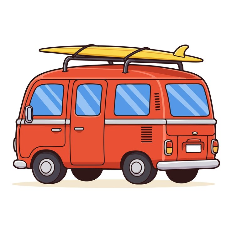 Retro Surf Van con tabla de surf listo para una aventura en la playa